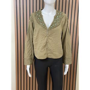 Free People Intimately Women's S Green Blouse Cotton Top Front Button Embroidery